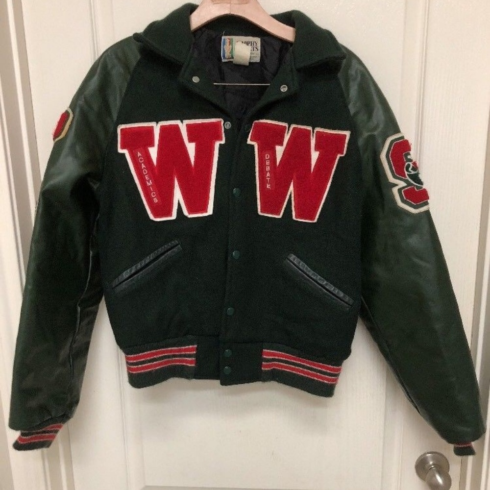 Men Green with red trim Vinyl Letterman jacket